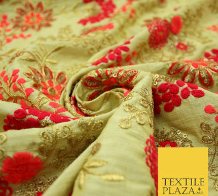 Beige Gold Faux Raw Silk with Cerise Pink Coral Floral Embroidery Fabric 2700