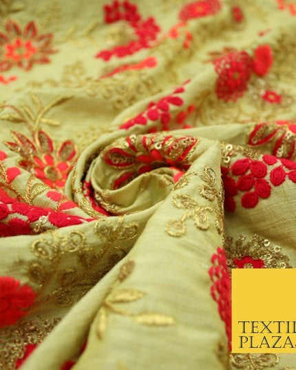 Beige Gold Faux Raw Silk with Cerise Pink Coral Floral Embroidery Fabric 2700