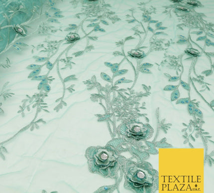 SEA GREEN 3D Flower Trio Scalloped Embroidered Net Lace Dress Fancy Bridal 1586