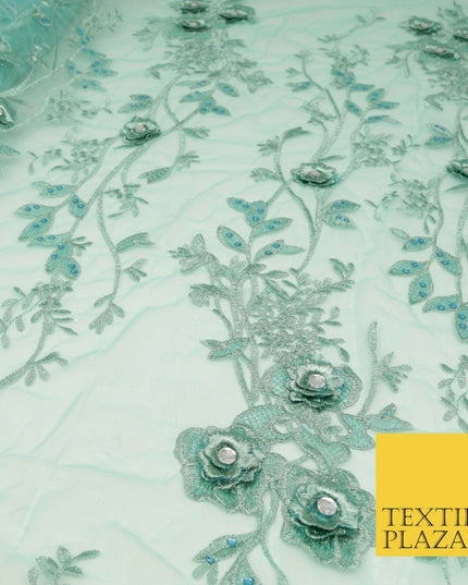 SEA GREEN 3D Flower Trio Scalloped Embroidered Net Lace Dress Fancy Bridal 1586