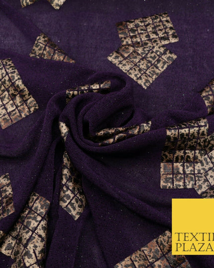 PURPLE Leopard Waffle Cube Metallic Glitter Stretch Jersey Fabric - 59" 1574