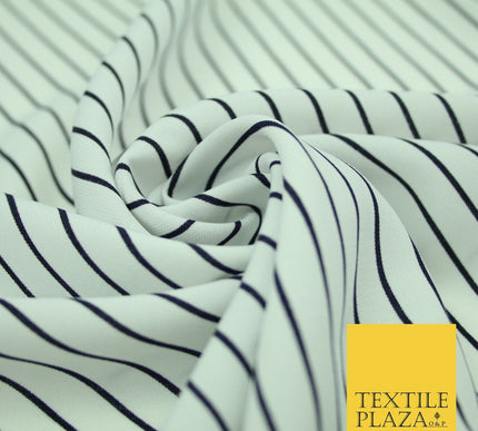 PINSTRIPE BRETON STRIPE Black White Printed Crepe Polyester Dress Fabric 2732