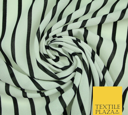 PINSTRIPE BRETON STRIPE Black White Printed Crepe Polyester Dress Fabric 2731