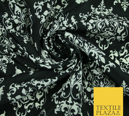 Black White Large Damask Intricate Printed Crepe Polyester Abstract Dress Fabric