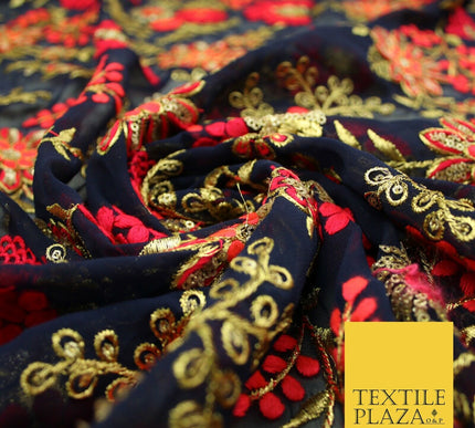 Dark Navy Blue Georgette with Cerise Pink Coral Floral Embroidery Fabric 2701