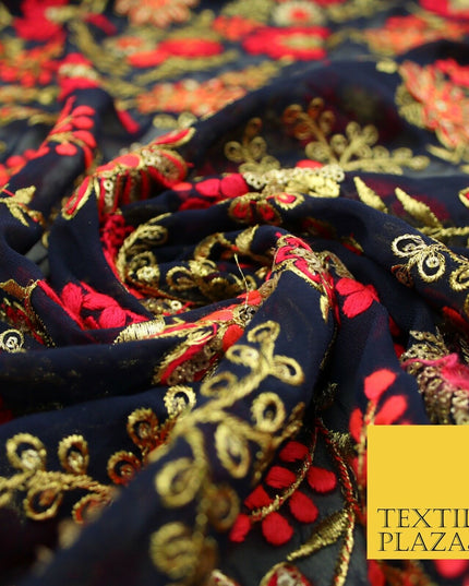 Dark Navy Blue Georgette with Cerise Pink Coral Floral Embroidery Fabric 2701