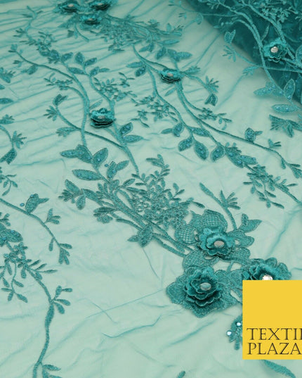DEEP TEAL 3D Flower Trio Scalloped Embroidered Net Lace Dress Fancy Bridal 1584