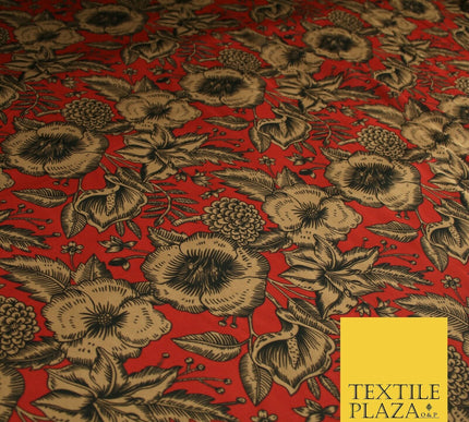 Luxury Red / Navy Antique Floral Woodland Printed Charmeuse Satin Dress Fabric