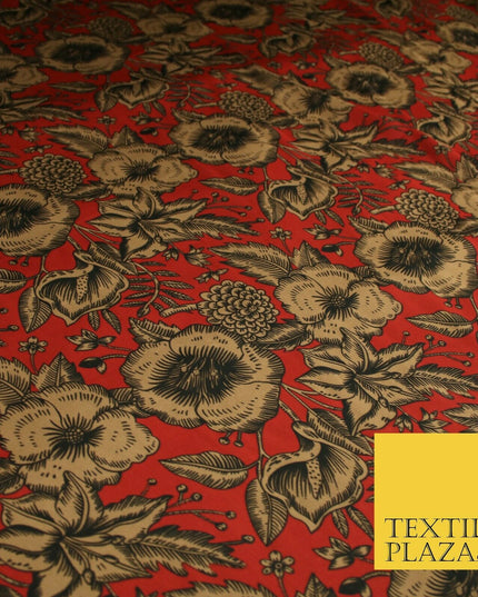Luxury Red / Navy Antique Floral Woodland Printed Charmeuse Satin Dress Fabric