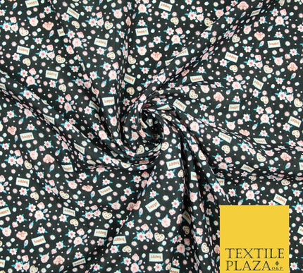 Black Pink Ditsy Small Floral Happy Printed Crepe Polyester Dress Fabric 2728