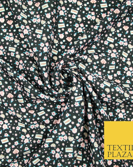 Black Pink Ditsy Small Floral Happy Printed Crepe Polyester Dress Fabric 2728