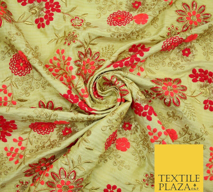 Beige Gold Faux Raw Silk with Cerise Pink Coral Floral Embroidery Fabric 2700