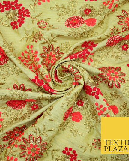 Beige Gold Faux Raw Silk with Cerise Pink Coral Floral Embroidery Fabric 2700