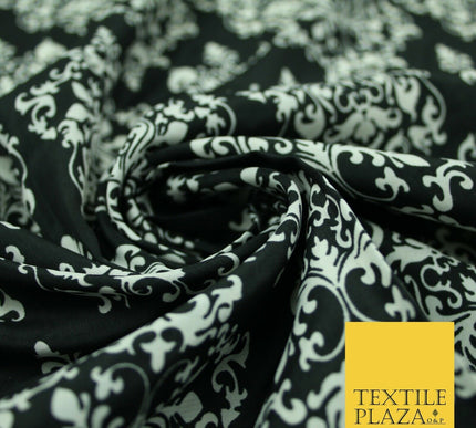 Black White Large Damask Intricate Printed Crepe Polyester Abstract Dress Fabric
