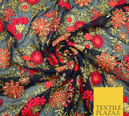 Dark Navy Blue Georgette with Cerise Pink Coral Floral Embroidery Fabric 2701