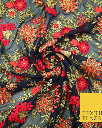 Dark Navy Blue Georgette with Cerise Pink Coral Floral Embroidery Fabric 2701