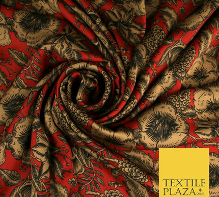 Luxury Red / Navy Antique Floral Woodland Printed Charmeuse Satin Dress Fabric