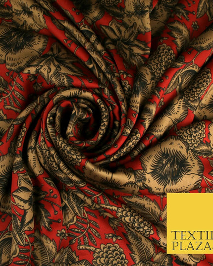 Luxury Red / Navy Antique Floral Woodland Printed Charmeuse Satin Dress Fabric