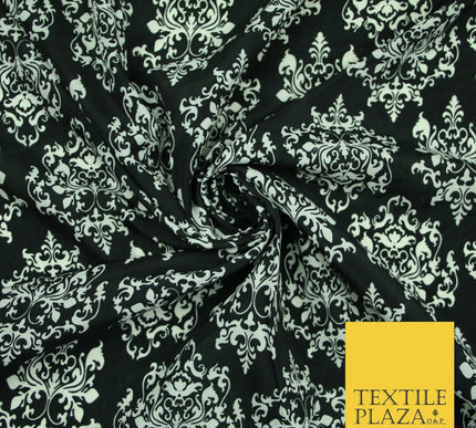 Black White Large Damask Intricate Printed Crepe Polyester Abstract Dress Fabric