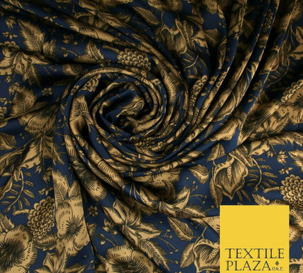 Luxury Red / Navy Antique Floral Woodland Printed Charmeuse Satin Dress Fabric