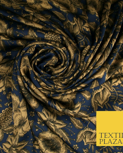 Luxury Red / Navy Antique Floral Woodland Printed Charmeuse Satin Dress Fabric