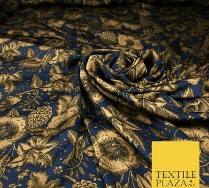 Luxury Red / Navy Antique Floral Woodland Printed Charmeuse Satin Dress Fabric