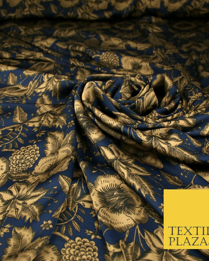Luxury Red / Navy Antique Floral Woodland Printed Charmeuse Satin Dress Fabric