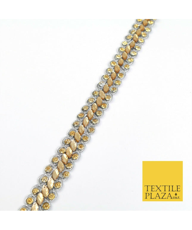 GREY 1.5cm Twin Beaded Gold Stone Trimming Gota Border Indian Ethnic X220