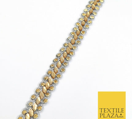 GREY 1.5cm Twin Beaded Gold Stone Trimming Gota Border Indian Ethnic X220