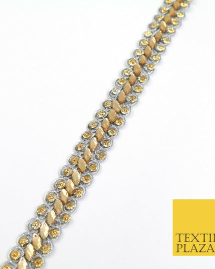 GREY 1.5cm Twin Beaded Gold Stone Trimming Gota Border Indian Ethnic X220