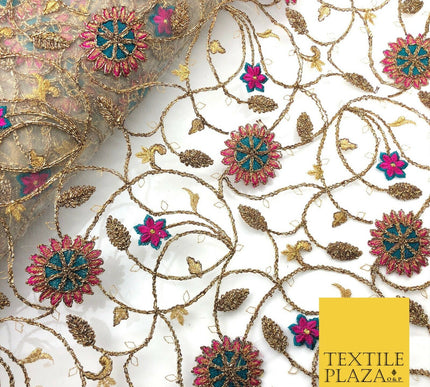 Luxury Coloured Ornate Flower Jaal Antique Metallic Threadwork Net Fabric JF290