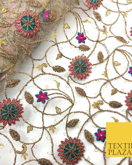 Luxury Coloured Ornate Flower Jaal Antique Metallic Threadwork Net Fabric JF290