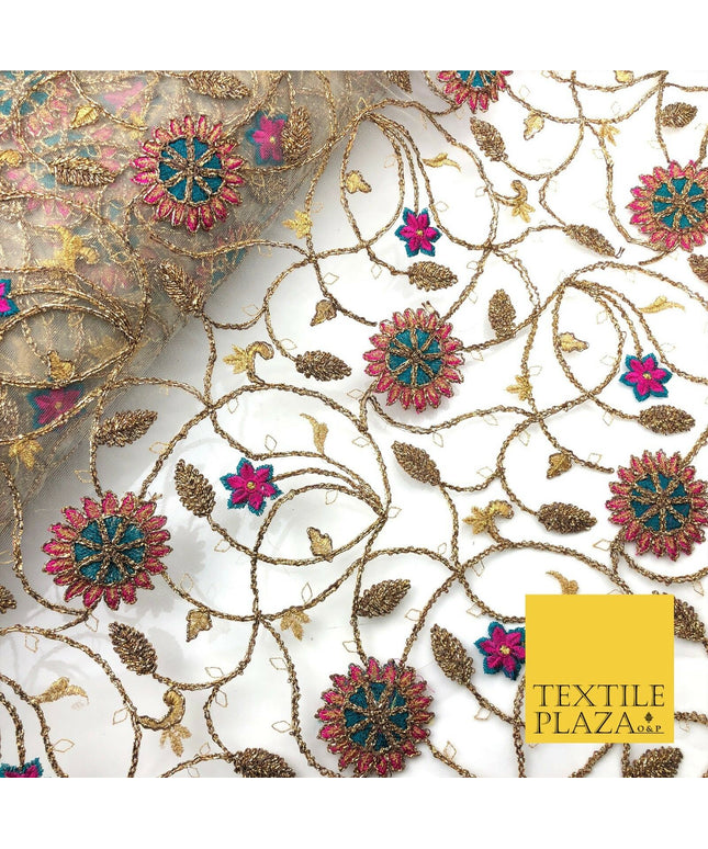 Luxury Coloured Ornate Flower Jaal Antique Metallic Threadwork Net Fabric JF290