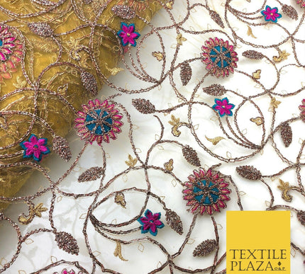 Luxury Gold/Mustard Coloured Ornate Flower Jaal Metallic Threadwork Net JF287