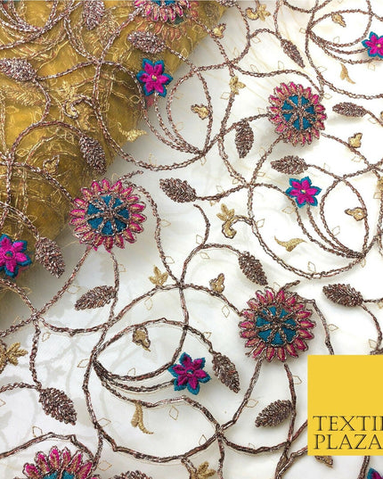 Luxury Gold/Mustard Coloured Ornate Flower Jaal Metallic Threadwork Net JF287