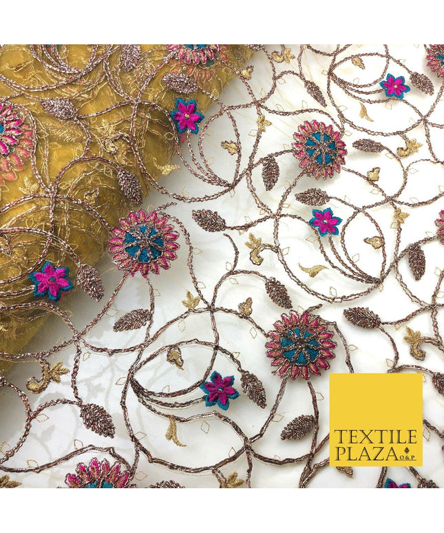 Luxury Gold/Mustard Coloured Ornate Flower Jaal Metallic Threadwork Net JF287