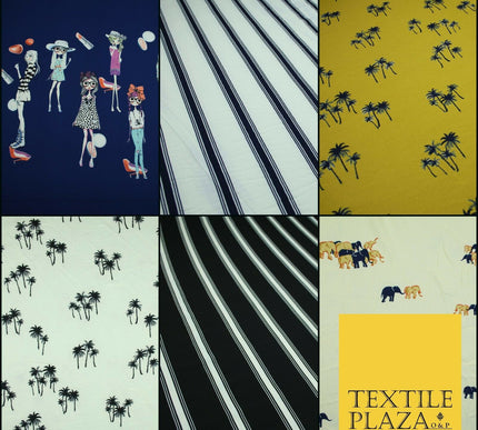 Premium Striped Palm Trees Elephant Retro Printed Bubble Crepe Dress Fabric 58"