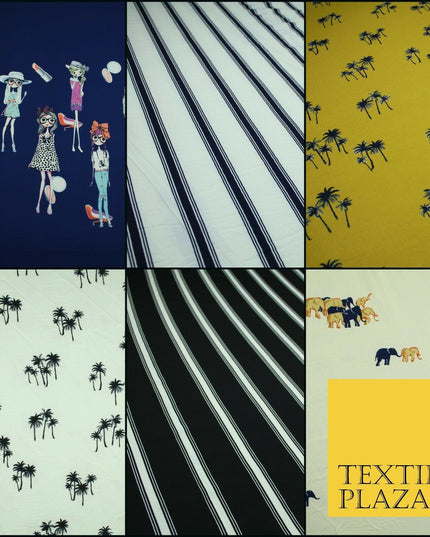 Premium Striped Palm Trees Elephant Retro Printed Bubble Crepe Dress Fabric 58"