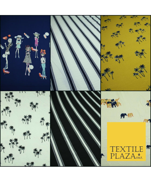 Premium Striped Palm Trees Elephant Retro Printed Bubble Crepe Dress Fabric 58"