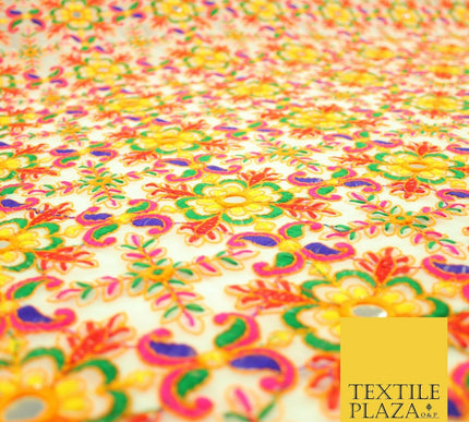 Ivory Phulkari Georgette Colourful Threadwork Ornate Pattern Dress Fabric 2305