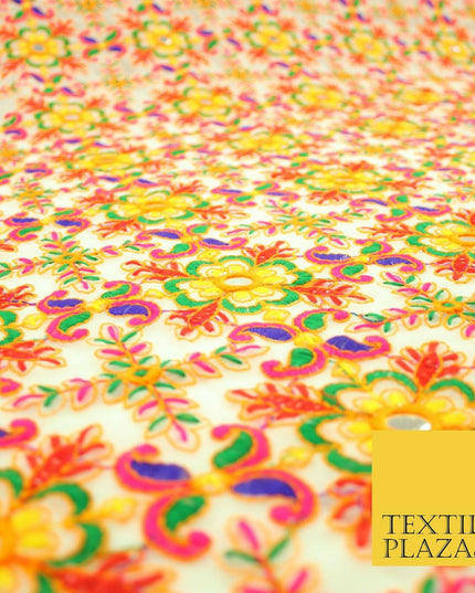 Ivory Phulkari Georgette Colourful Threadwork Ornate Pattern Dress Fabric 2305