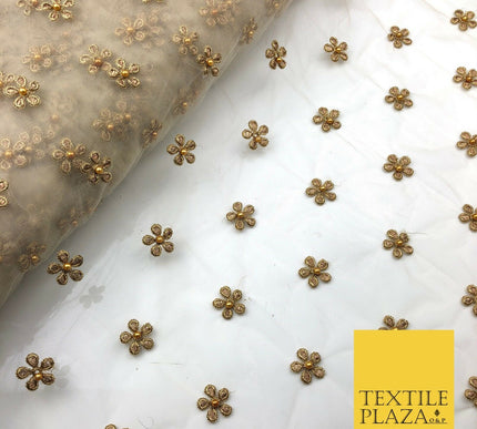 Light Stone Small Gold Pearl Flower Threadwork Antique Fancy Net Fabric JB295