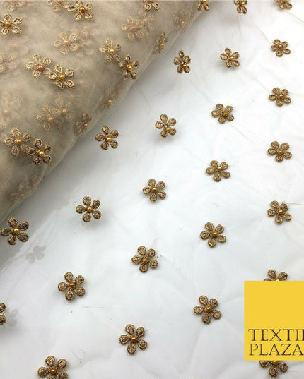 Light Stone Small Gold Pearl Flower Threadwork Antique Fancy Net Fabric JB295