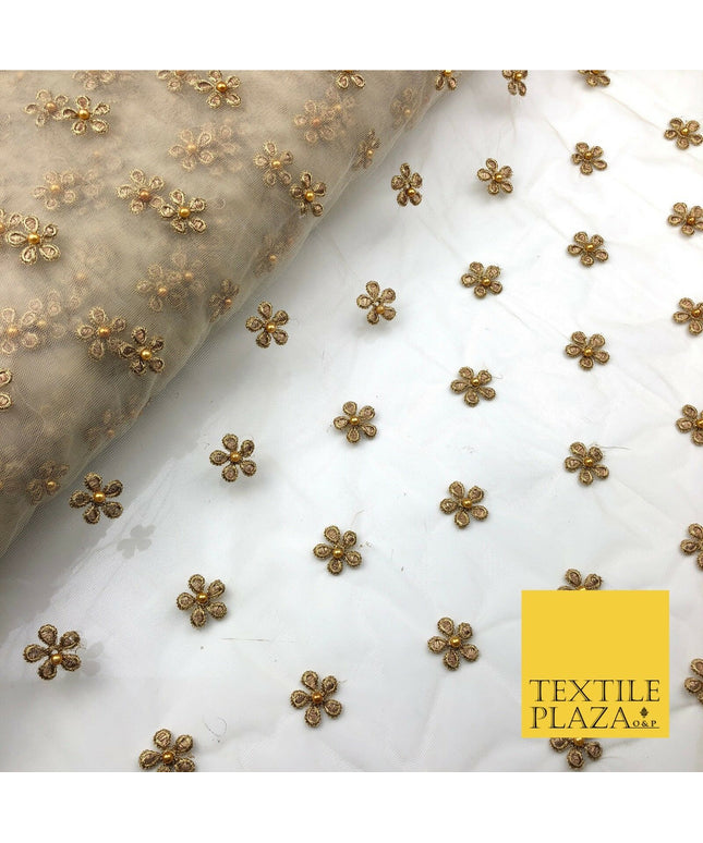 Light Stone Small Gold Pearl Flower Threadwork Antique Fancy Net Fabric JB295
