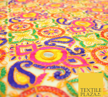 Ivory Phulkari Georgette Colourful Threadwork PAISLEY Pattern Dress Fabric 2306