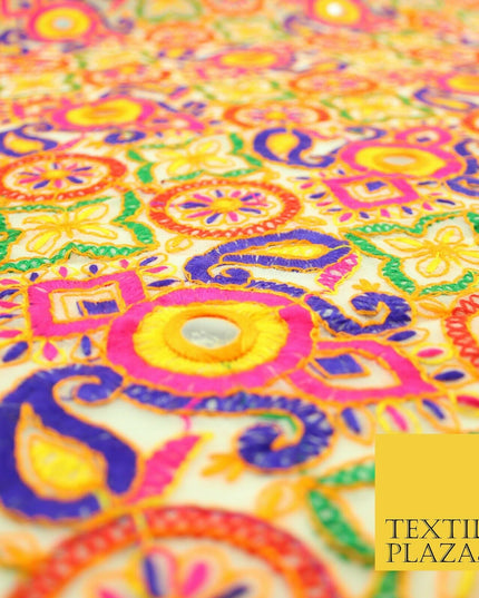 Ivory Phulkari Georgette Colourful Threadwork PAISLEY Pattern Dress Fabric 2306