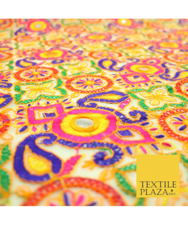 Ivory Phulkari Georgette Colourful Threadwork PAISLEY Pattern Dress Fabric 2306
