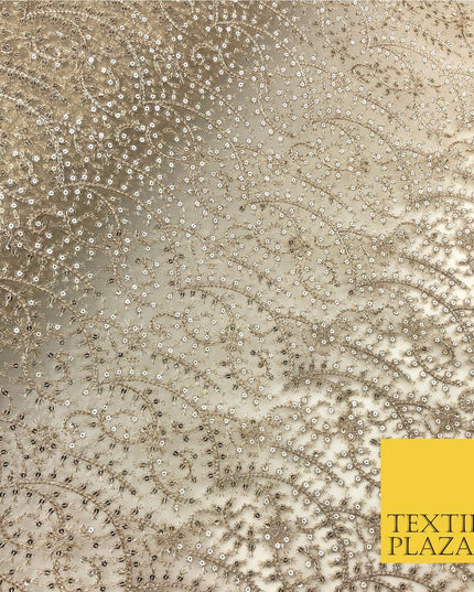 Gold / Stone Heavy Jaal Intricate Sequin Threadwork Fancy Fine Net Fabric JB298