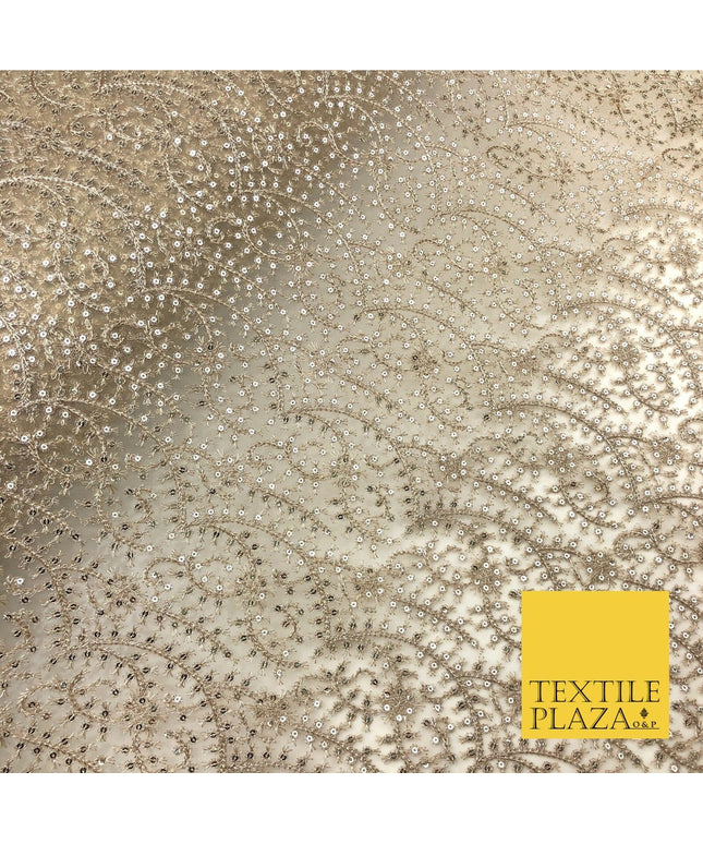 Gold / Stone Heavy Jaal Intricate Sequin Threadwork Fancy Fine Net Fabric JB298