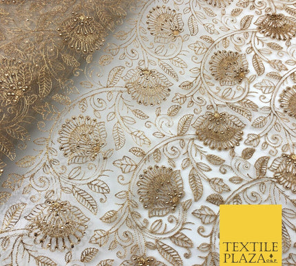 Gold Lotus Leaf Flower Intricate Threadwork Stone Fancy Fine Net Fabric JB297
